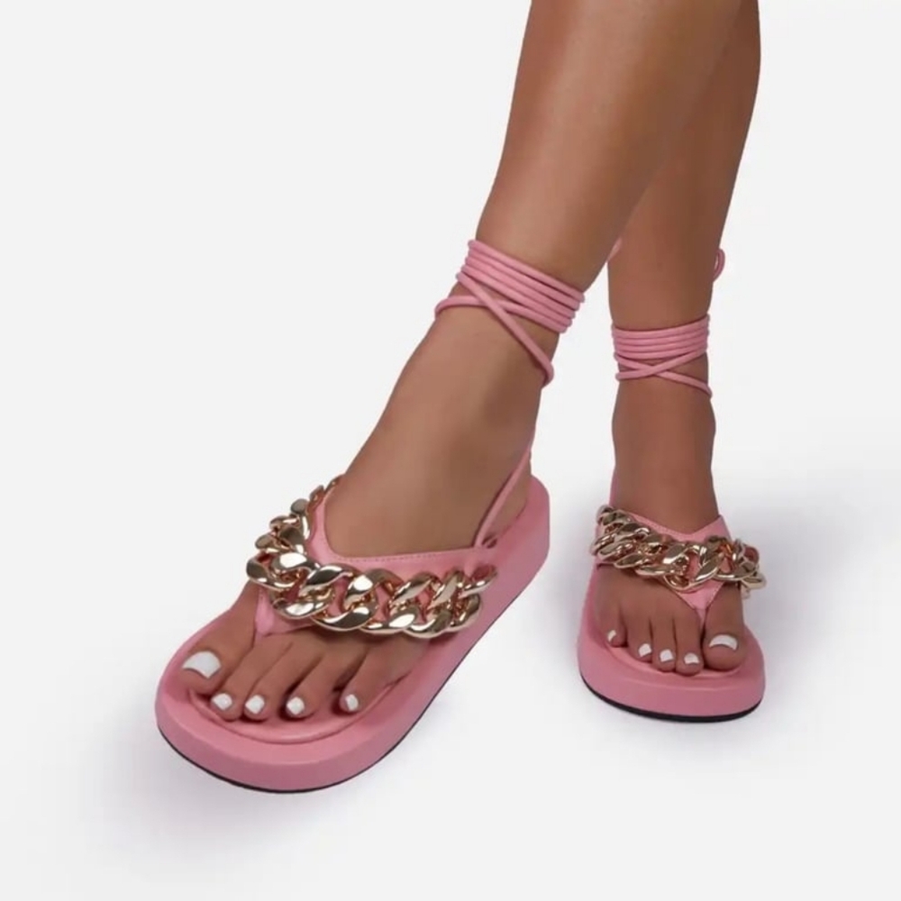 Women’s Pink Chain-Detail Lace-Up Platform Sandals
